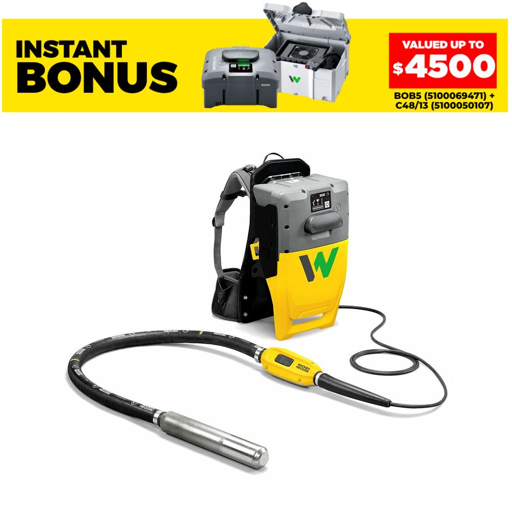 Wacker Neuson ACBe + IEe58/34/1.5 51V Battery Backpack System & 0.7kW Internal Vibrator with 58mm Head & 1.5m Shaft