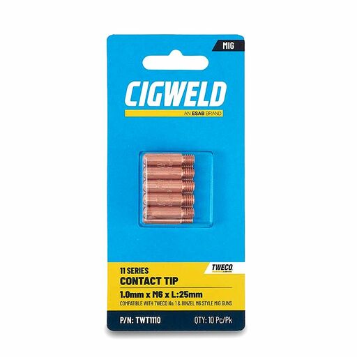 Cigweld TWT1110 10-Pack 1.0mm x M6 x L:25mm 11 Series Contact Tip