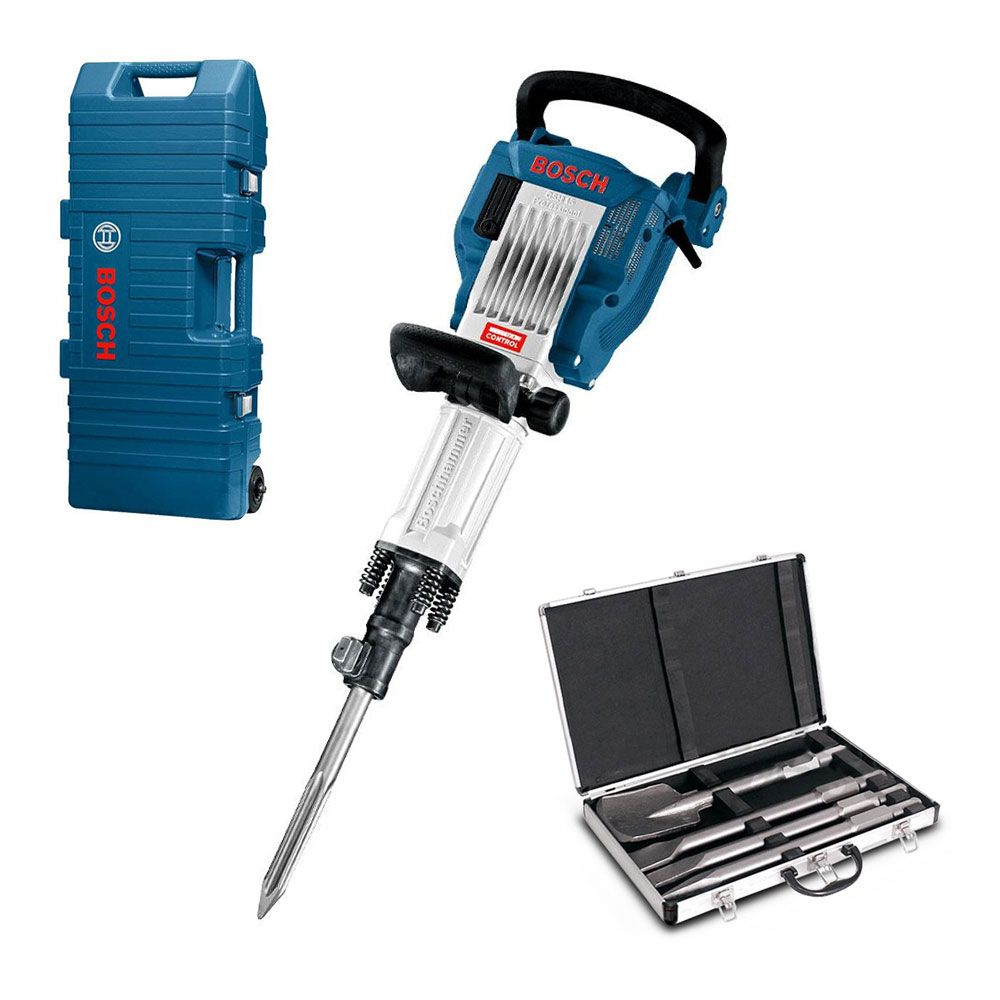 Bosch GSH16-30+P65A 1750W 17kg 30mm HEX Demolition Hammer + Techsmart 4pce 30mm Hex Industrial Demolition Chisel Set – image 1