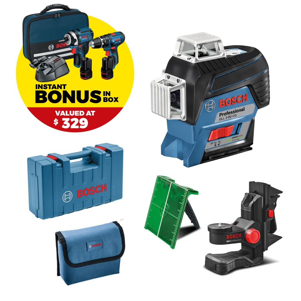 Bosch GLL 3-80 CG+12V SCBR 2.0ah (0.615.994.0RM) Green Beam Line Laser Level + 12V 2.0Ah Li-ion Cordless 2pce Combo Kit – image 1
