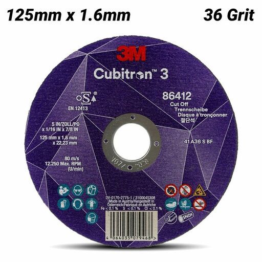 3M 7100303829 (XC991968626) 125 x 1.6 x 22.23 mm Cubitron™ 3  86412 36+ Grit T41 EN Cut-Off Wheel