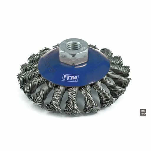 thumbnail image 2 of Silverline Stainless Steel Crimp Bevel Brush, 100mm, M14 Thread - For Rust Removal, Angle Grinders, Max 12,500 RPM 2 of 2