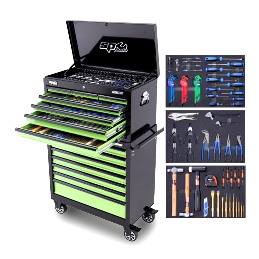 SP Tools SP50177X 417pce Metric/SAE Kit In 14 Drawer Sumo Custom Series Black/Green Roller Cabinet & Tool Box Plus 3 Extra EVA Foam Trays – image 1