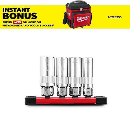 Milwaukee 48229195 4pce 3/8'' Drive Spark Plug Socket Set on Rail