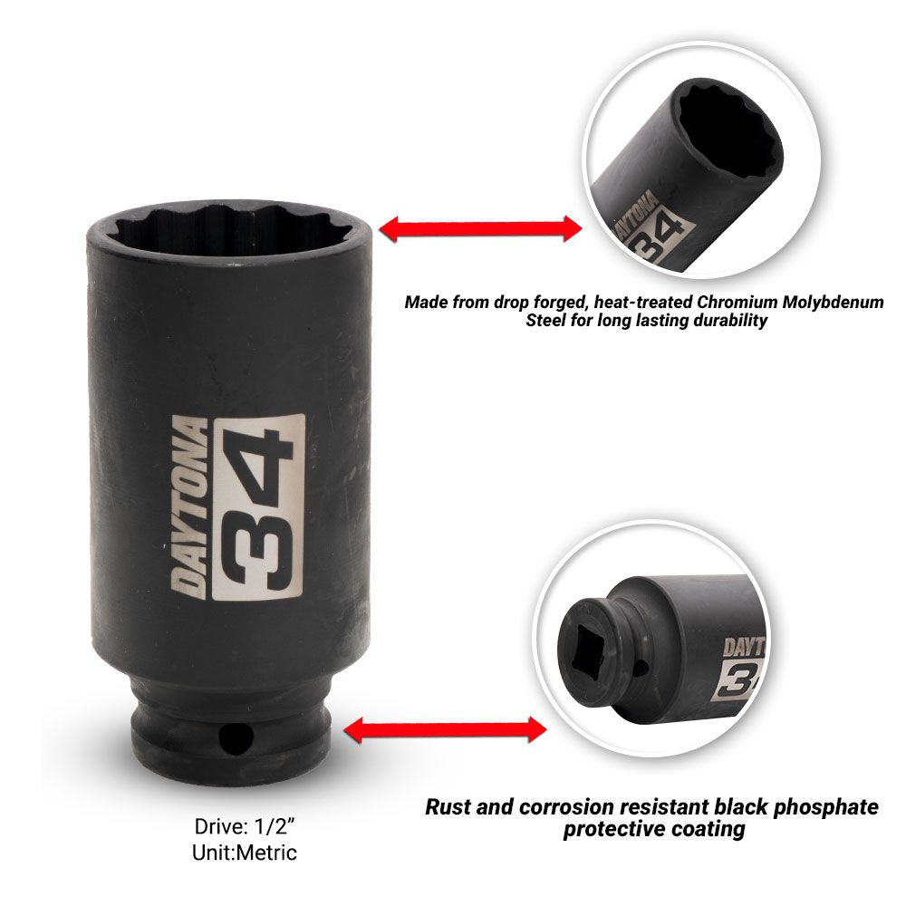 Daytona DDAS34MM 34mm 1/2" Drive 12 Point Deep Axle Nut Socket – image 5