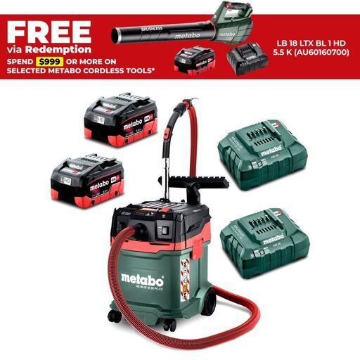 Metabo AU60207430 36V (18V x 2) Li-ion Cordless Brushless 30L Wet & Dry M-Class Vacuum Cleaner Combo Kit