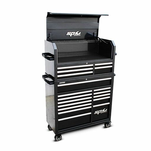 SP Tools SP40698 Sumo Series 18 Drawer Power Hutch Tool Box with Black-Chrome Handles