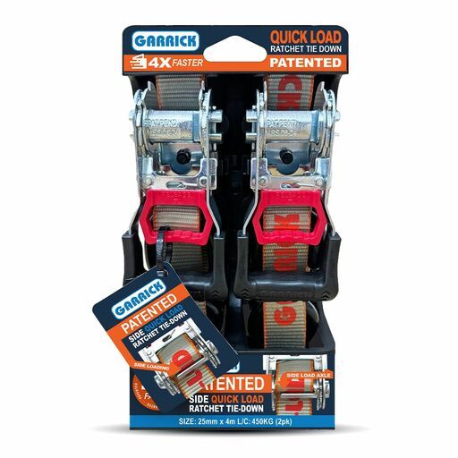 Garrick GQLRTD-25MM GQLRTD-25MM - 25mm x 4m x 450kg 2-Pack Quick Load Ratchet Tie Down