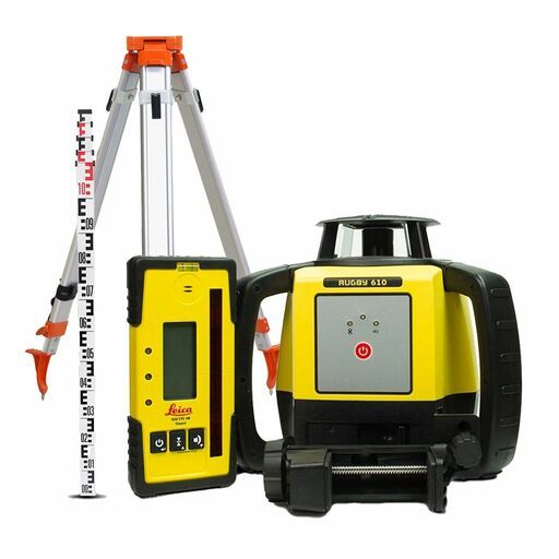 Leica LG6008616KIT Rugby 610 Rotating Laser with RodEye 160 Receiver With Flat Tripod & 5m Staff Combo Kit