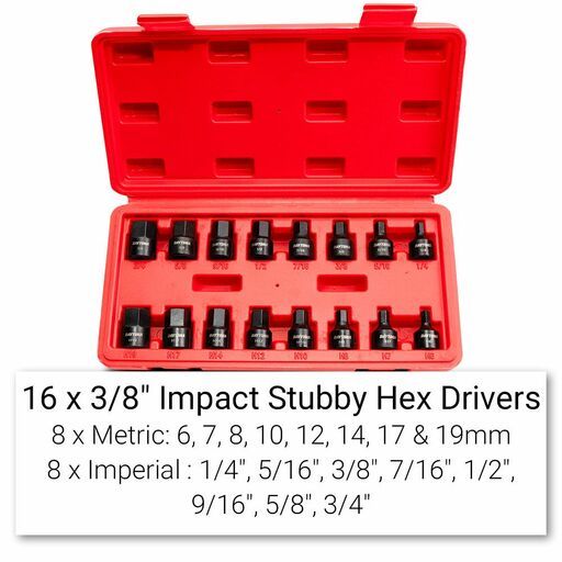 Daytona DSH1638 16pce 3/8" Impact Stubby Hex 6-19mm Metric & 1/4"-3/4" Imperial Driver Set – image 3