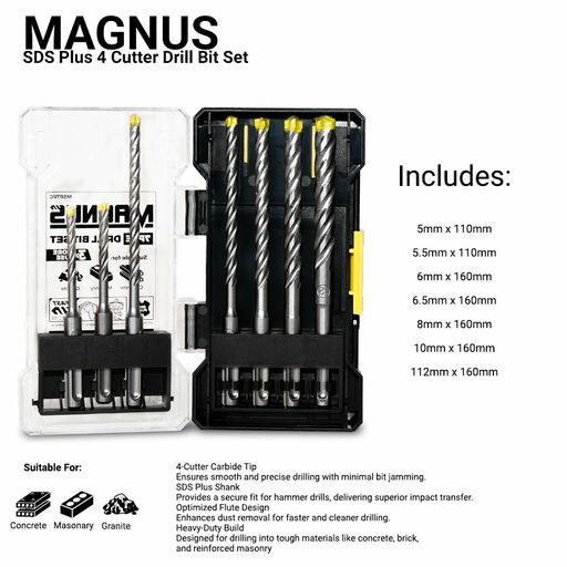 MAGNUS MSP7PC 7pce SDS Plus 4 Cutter Drill Bit Set – image 7