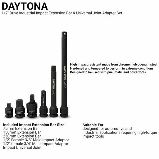 Daytona D6IS12 6pce 1/2" Drive Industrial Impact 75-250mm Extension Bar & Universal Joint Adapter Set – image 6
