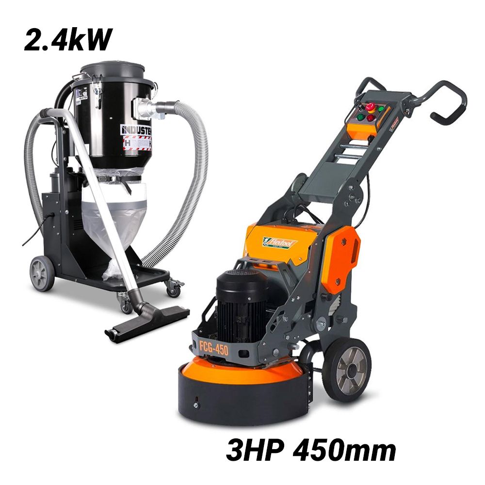Flextool FCG-450 (FT100600-UNIT) + IDE2400 3HP 450mm (18") Planetary Concrete Floor Grinder with 2.4kW Twin Motor H-Class HEPA Vacuum Cleaner Dust Extractor – image 1