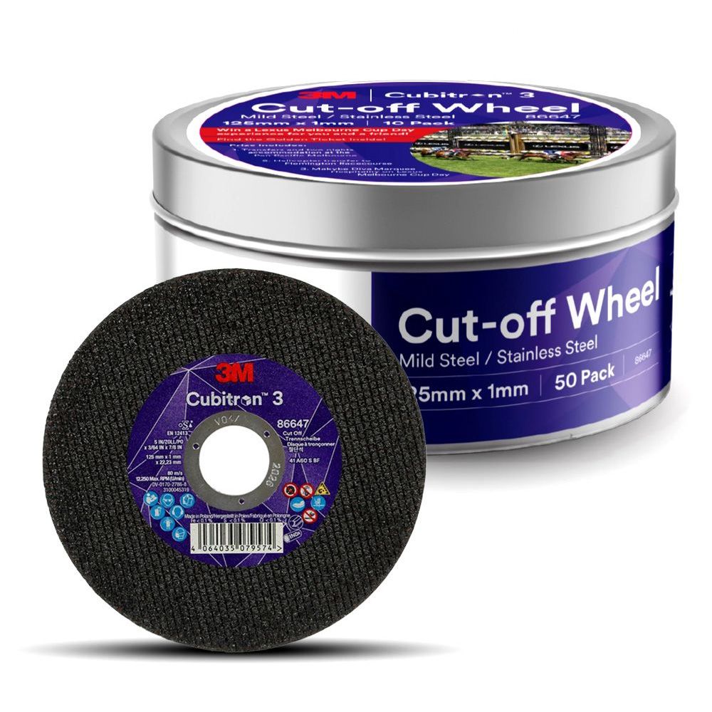 3M 7100377250 (86647) 50-Pack 125mm x 1mm x 22.23mm Abrasive Cubiton 3 Cut-Off Wheel Tin – image 2