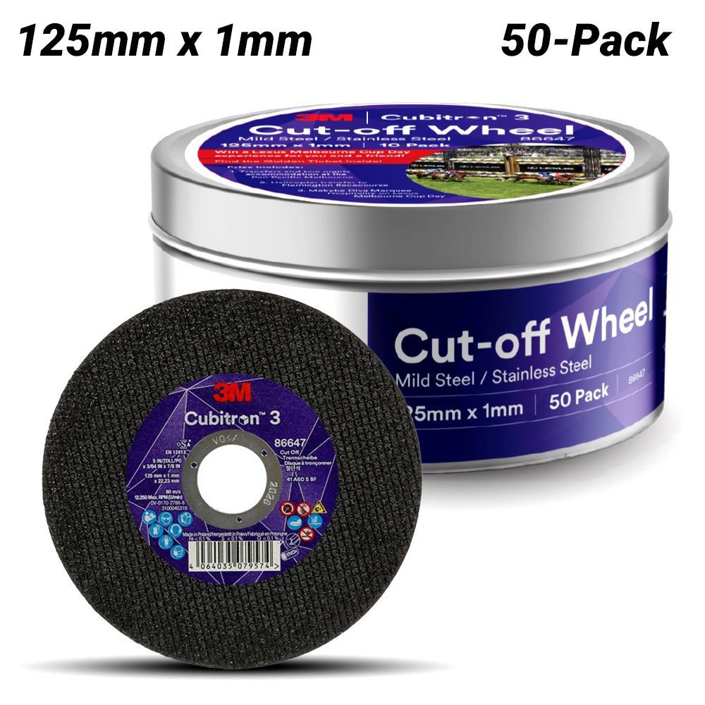 3M 7100377250 (86647) 50-Pack 125mm x 1mm x 22.23mm Abrasive Cubiton 3 Cut-Off Wheel Tin – image 1