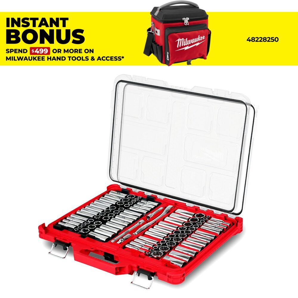 Milwaukee 48229285 98pce 3/8" Drive 6 Point & 12 Point SAE & Metric Ratchet Socket Set in PACKOUT – image 1