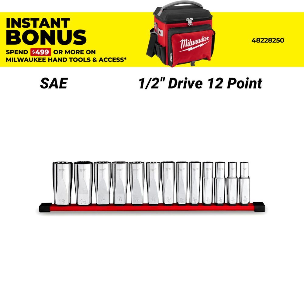 Milwaukee 48229424 13pce 1/2" Drive 12 Point Deep SAE Socket Set – image 1