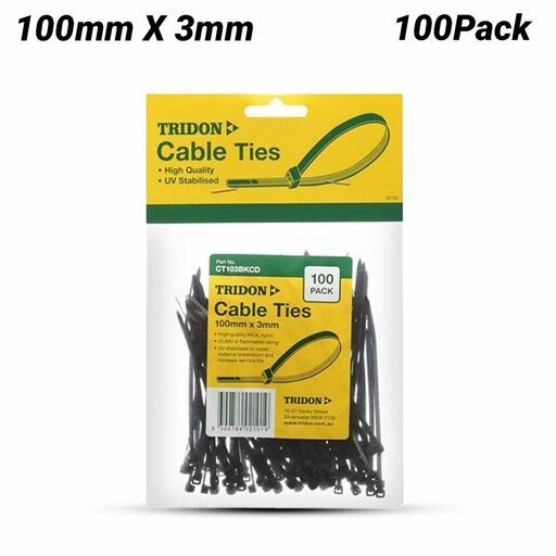 Tridon CT103BKCD 100mm X 3mm Cable Tie Black Hang Card PK100