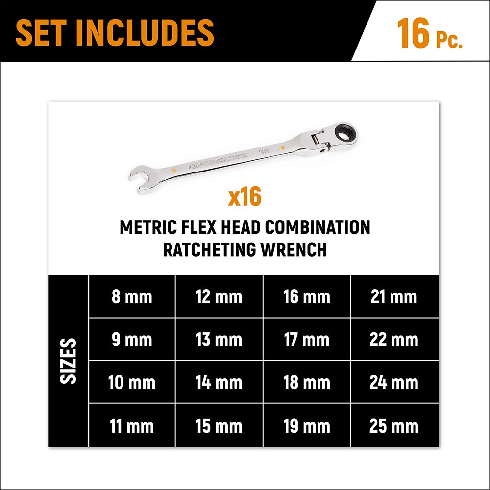 GEARWRENCH 86728 16pce 90-Tooth 12 Point Flex Head Ratcheting Combination Metric Wrench Set – image 6