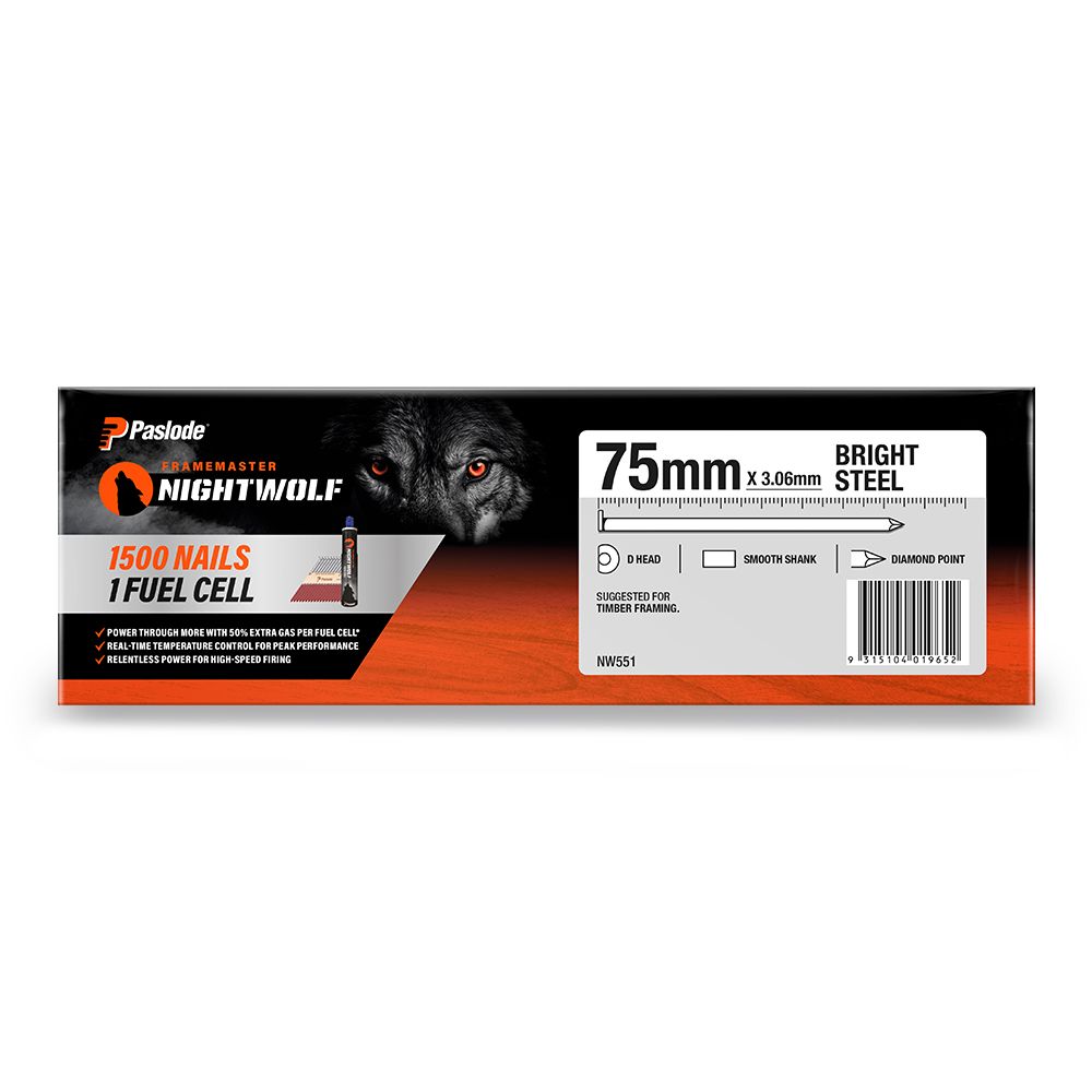 Paslode NW551 1500-Pack 75mm x 3.06mm Bright Steel Framemaster Nightwolf D-Head Nails – image 4