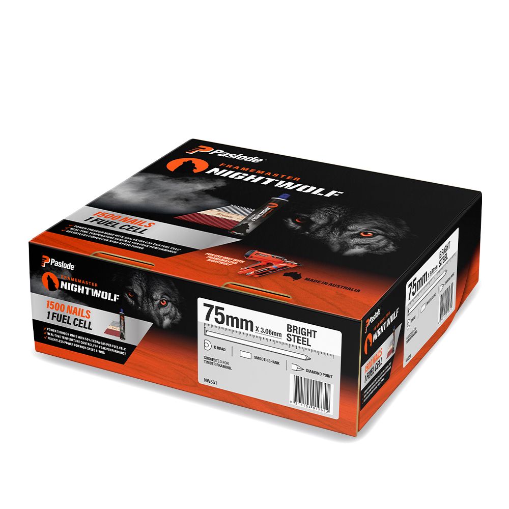 Paslode NW551 1500-Pack 75mm x 3.06mm Bright Steel Framemaster Nightwolf D-Head Nails – image 2
