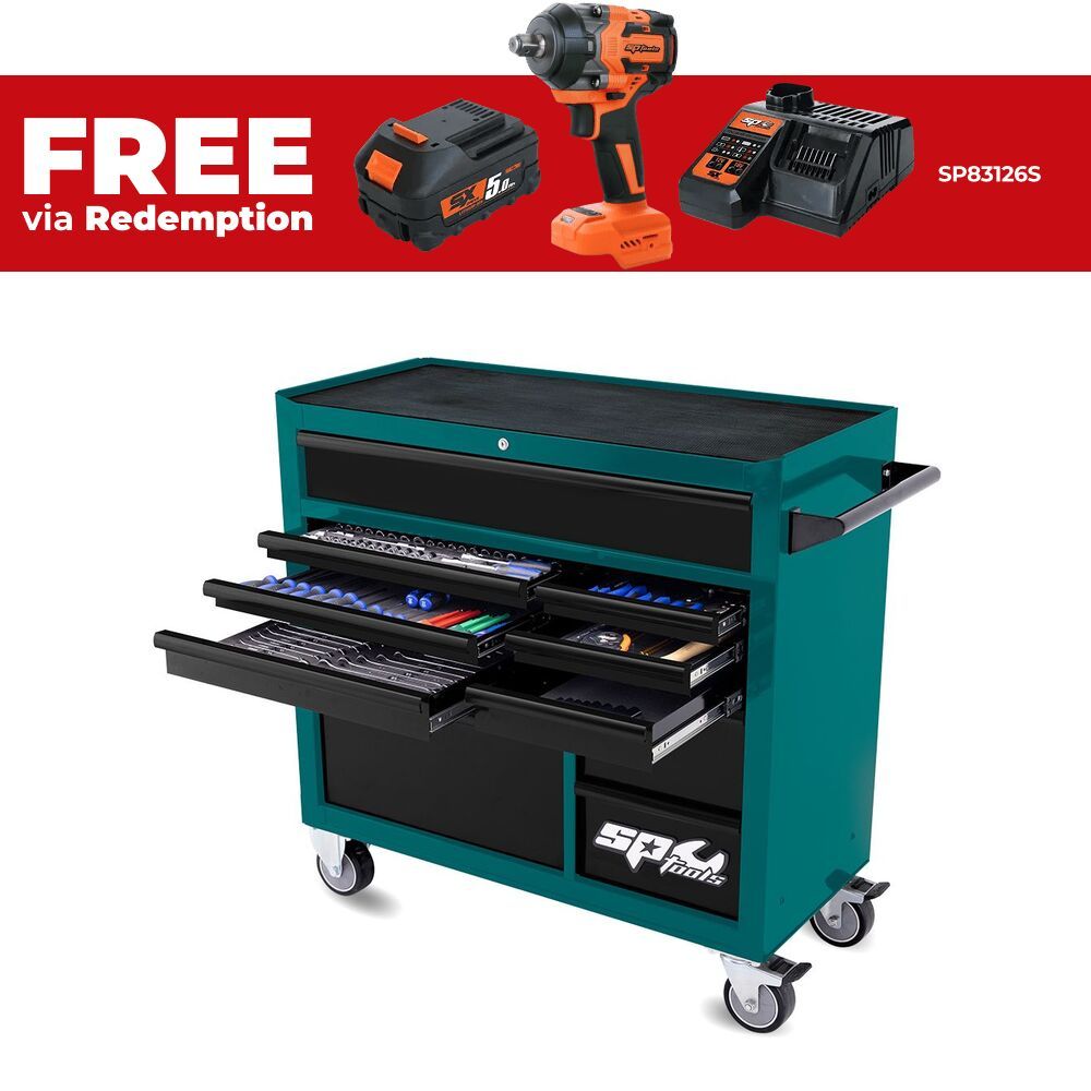 SP Tools SP50637TX 342pce Metric/SAE Custom Series Tool Kit with 11 Drawer Teal Roller Cabinet - Limited Edition – image 1