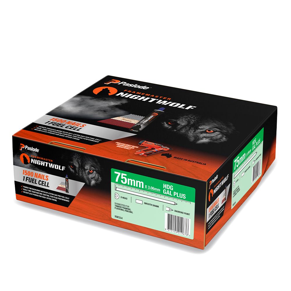 Paslode NW554 1500-Pack 75mm x 3.06mm HDG Gal Plus Framemaster Nightwolf D-Head Smooth Nail – image 5
