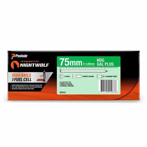 Paslode NW554 1500-Pack 75mm x 3.06mm HDG Gal Plus Framemaster Nightwolf D-Head Smooth Nail – image 4