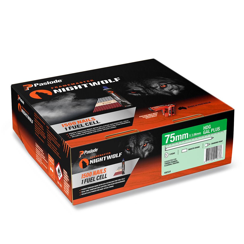 Paslode NW554 1500-Pack 75mm x 3.06mm HDG Gal Plus Framemaster Nightwolf D-Head Smooth Nail – image 2
