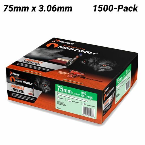 Paslode NW554 1500-Pack 75mm x 3.06mm HDG Gal Plus Framemaster Nightwolf D-Head Smooth Nail