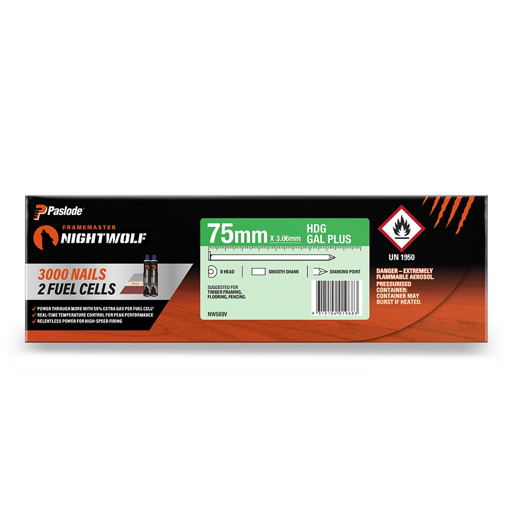 Paslode NW569V 3000-Pack 75mm x 3.06mm HDG Gal Plus Framemaster Nightwolf D-Head Smooth Nails – image 4