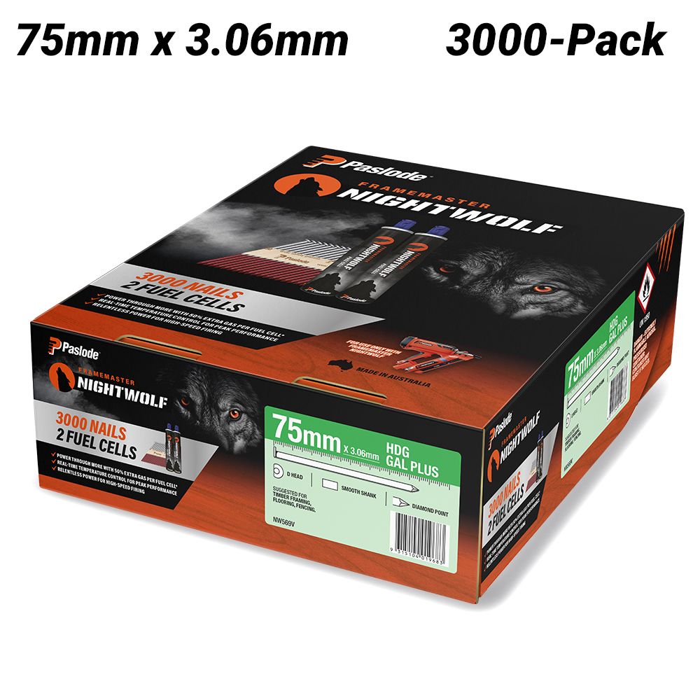 Paslode NW569V 3000-Pack 75mm x 3.06mm HDG Gal Plus Framemaster Nightwolf D-Head Smooth Nails – image 1