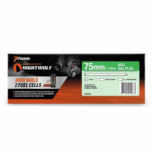 Paslode NW569V 3000-Pack 75mm x 3.06mm HDG Gal Plus Framemaster Nightwolf D-Head Smooth Nails – image 3