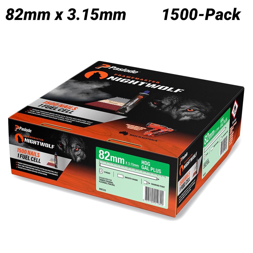 Paslode NW555 1500-Pack 82mm x 3.15mm HDG Gal Plus Framemaster Nightwolf D-Head Smooth Nails – image 1
