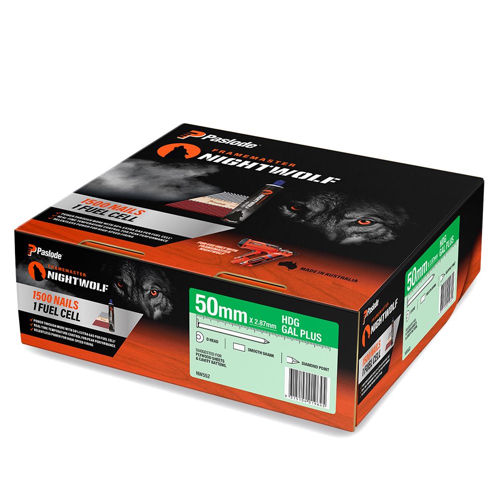 Paslode NW552 1500-Pack 50mm x 2.87mm HDG Gal Plus Framemaster Nightwolf D-Head Smooth Nails – image 5