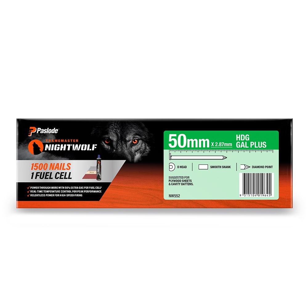 Paslode NW552 1500-Pack 50mm x 2.87mm HDG Gal Plus Framemaster Nightwolf D-Head Smooth Nails – image 3