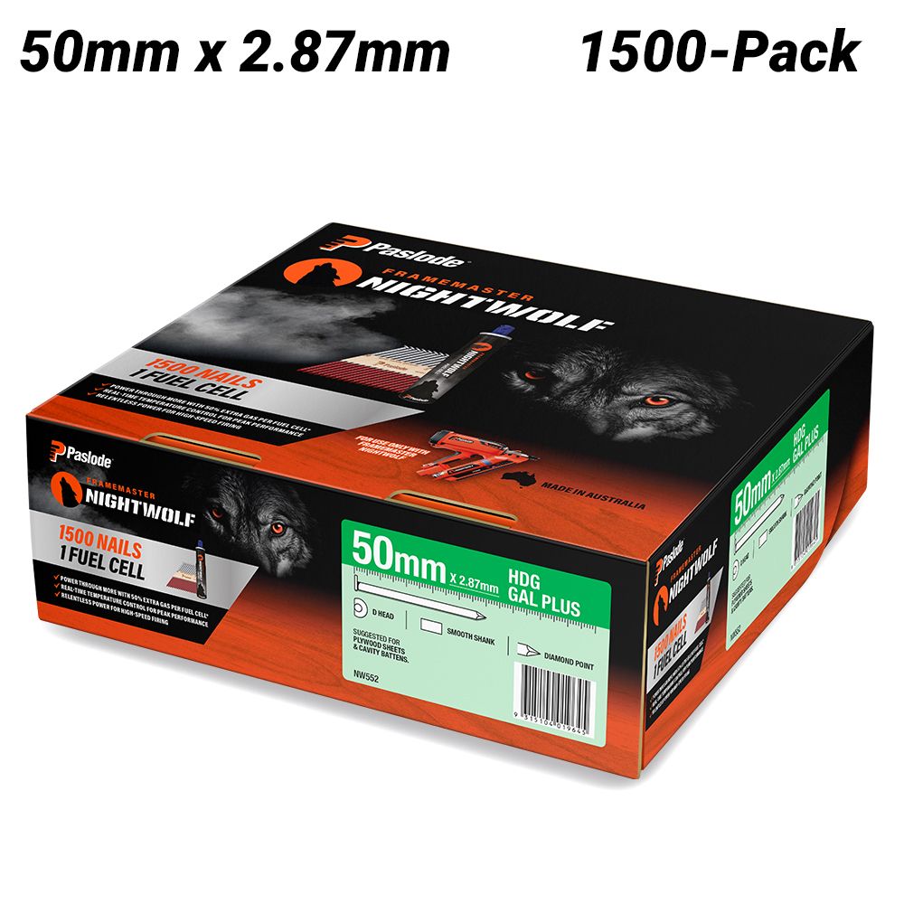 Paslode NW552 1500-Pack 50mm x 2.87mm HDG Gal Plus Framemaster Nightwolf D-Head Smooth Nails – image 1