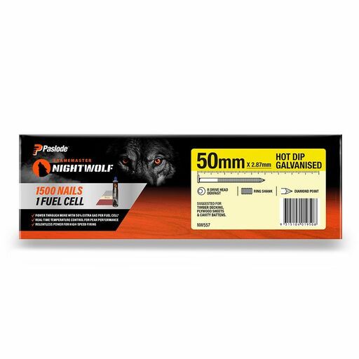 Paslode NW557 1500-Pack 50mm x 2.87mm Hot Dip Galvanised Framemaster Nightwolf R Drive Head Dekfast Ring Shank Nails – image 3