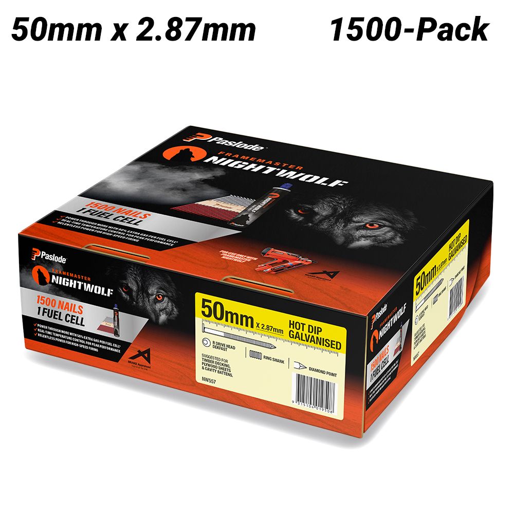 Paslode NW557 1500-Pack 50mm x 2.87mm Hot Dip Galvanised Framemaster Nightwolf R Drive Head Dekfast Ring Shank Nails – image 1