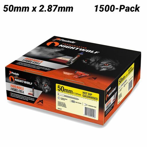 Paslode NW557 1500-Pack 50mm x 2.87mm Hot Dip Galvanised Framemaster Nightwolf R Drive Head Dekfast Ring Shank Nails
