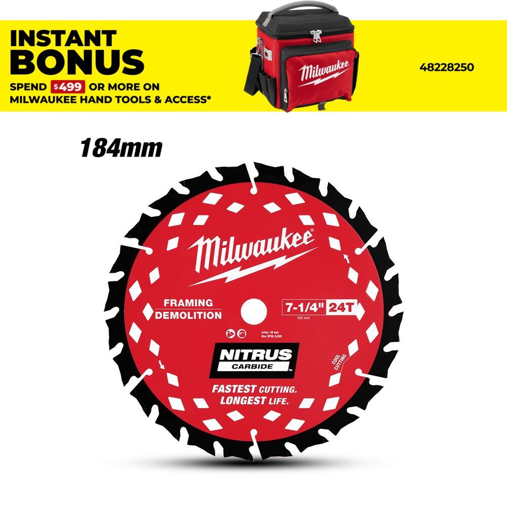 Milwaukee 48400790 184mm (7-1/4") 24T NITRUS CARBIDE™ Circular Saw Blade - Demolition/Framing – image 1