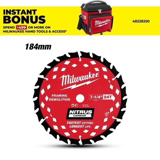 Milwaukee 48400790 184mm (7-1/4") 24T NITRUS CARBIDE™ Circular Saw Blade - Demolition/Framing