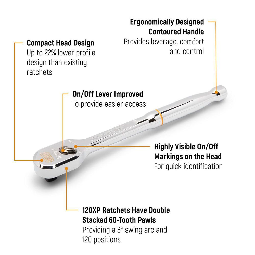 GEARWRENCH 81212XP 3/8" Drive 120XP™ Full Polish Chrome Stubby Flex Head Teardrop Ratchet 4-3/4" – image 4