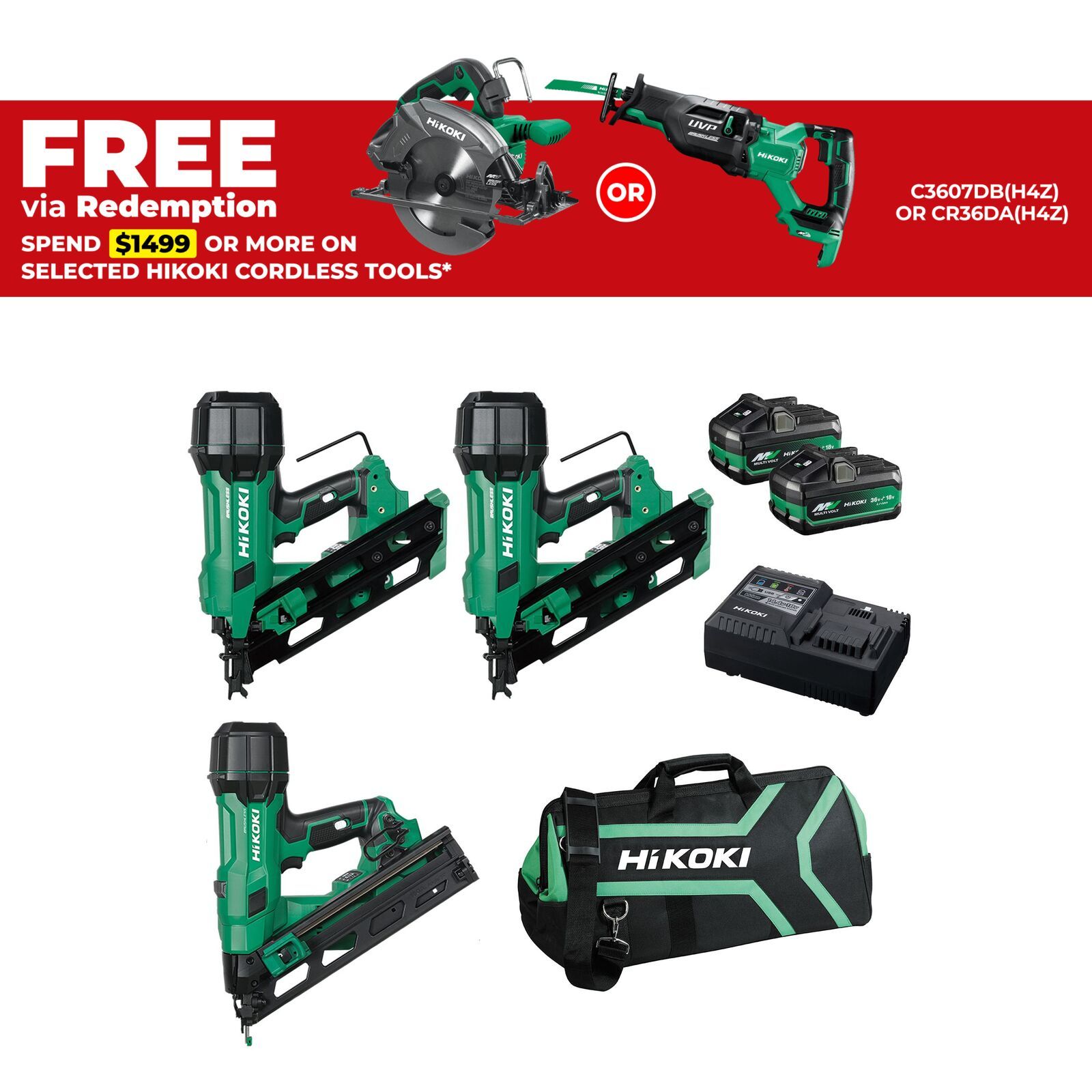 HiKOKI FRAMERX2DAPACKPMZ (AU40100075) 18V-36V 5.0Ah-2.5Ah Li-ion Cordless Brushless 3pce Nailer Combo Kit – image 1