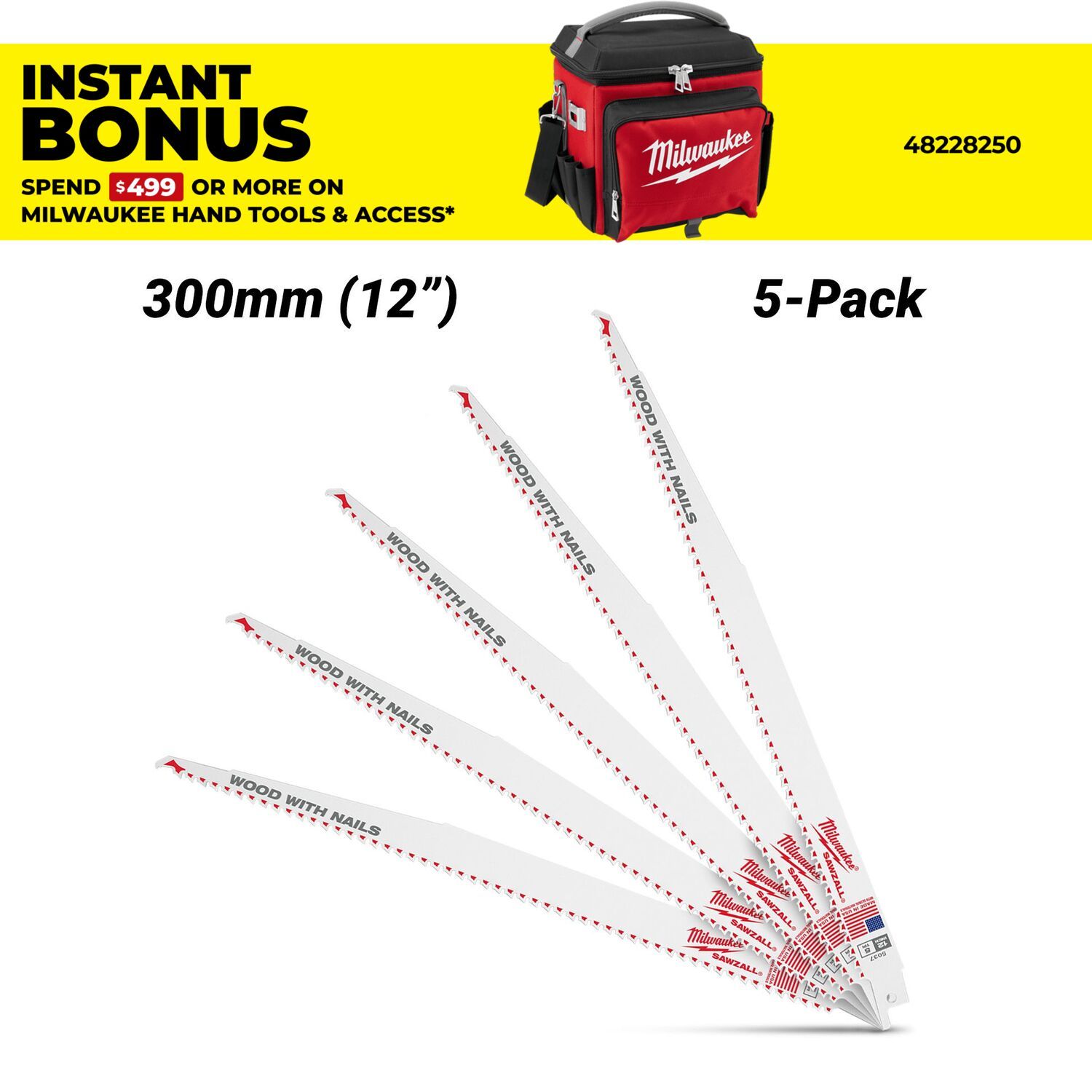 Milwaukee 48475037 (48005037) 5-Pack 300mm 12" 5TPI Thin Kerf Wood SAWZALL Blades – image 1