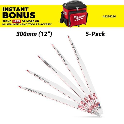 Milwaukee 48475037 (48005037) 5-Pack 300mm 12" 5TPI Thin Kerf Wood SAWZALL Blades