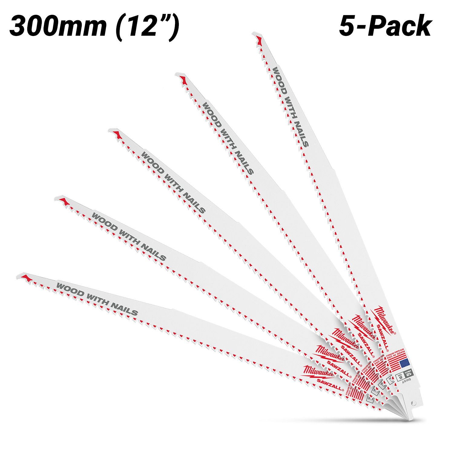 Milwaukee 48475037 (48005037) 5-Pack 300mm 12" 5TPI Thin Kerf Wood SAWZALL Blades – image 2