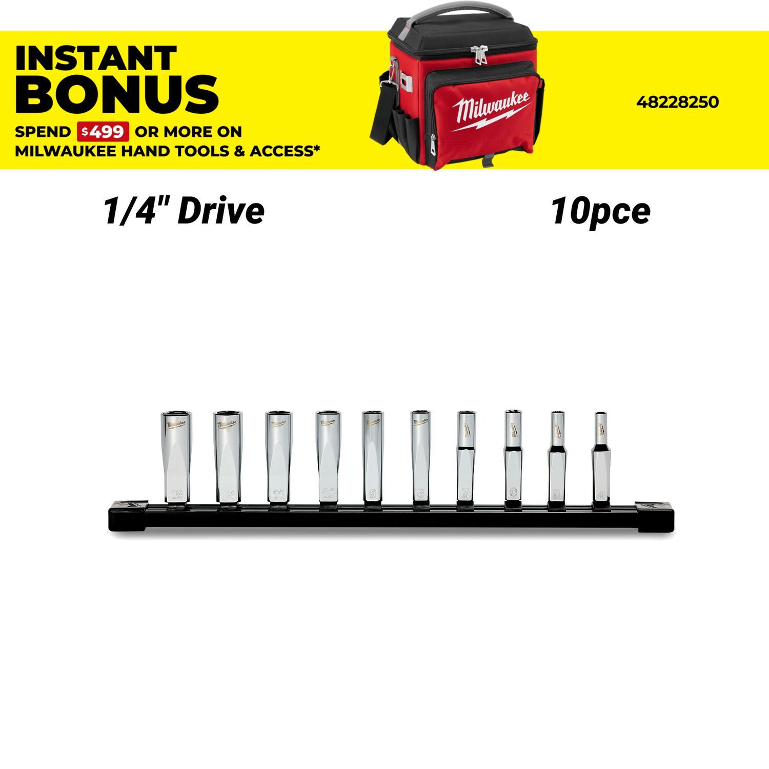 Milwaukee 48229104 10pce 1/4" Drive Deep Metric Socket Set with Storage Rail – image 1