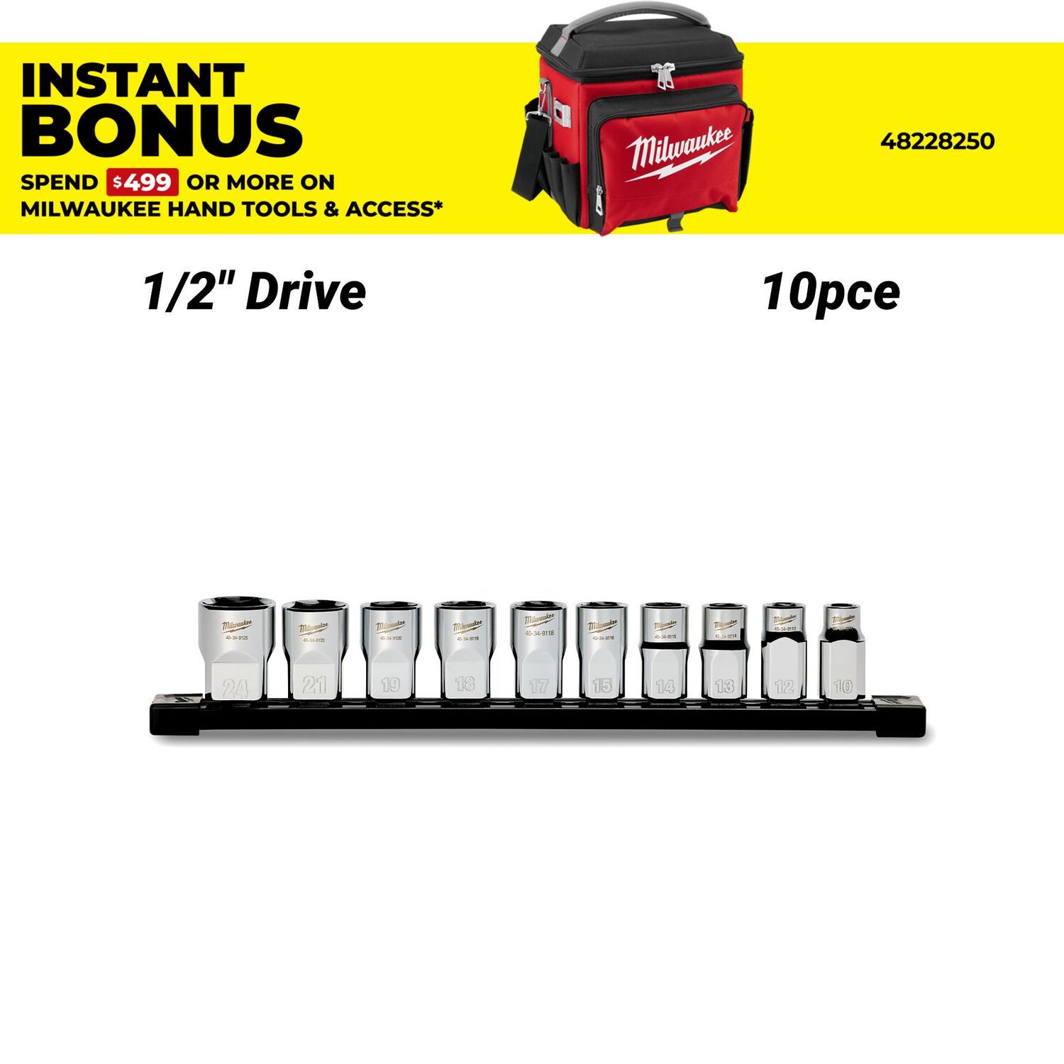Milwaukee 48229112 10pce 1/2" Drive Standard Metric Socket Set with Storage Rail – image 1