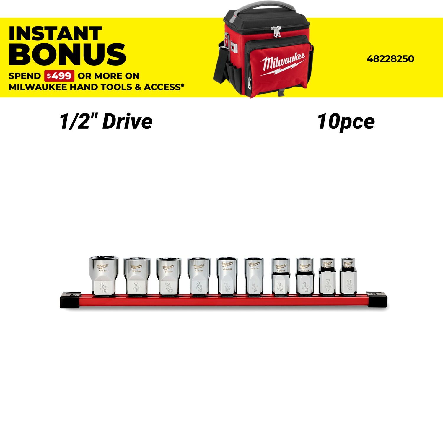 Milwaukee 48229114 10pce 1/2" Drive Standard SAE Socket Set with Storage Rail – image 1